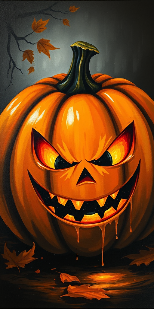 Create a dark and moody painting of a carved pumpkin with a sinister smile glowing from within set against a shadowy background with hints of autumn leaves and branches. The pumpkin should have a glossy texture with drips of paint to suggest rain or moisture, and the overall color palette should include deep oranges, blacks, and muted grays to evoke a Halloween atmosphere.