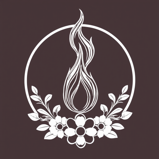 Create an intricate line art illustration of a flame inside a circular border with floral designs at the base, captured with a Canon EOS R5, 50mm lens, f/1.8 aperture, ISO 100, 1/200 sec exposure, in high-resolution portrait orientation.