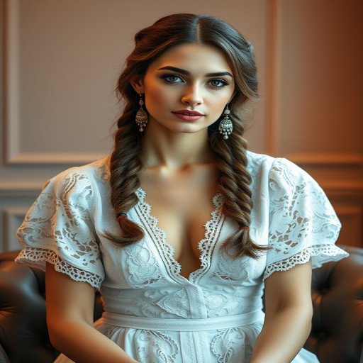 Create a portrait of a refined and elegant Turkish woman seated in a sophisticated setting. She has long, wavy hair styled in two thick braids that are pulled over her shoulders. She wears a white, lace gown with intricate patterns, featuring a deep V-neckline and short sleeves. The dress exudes a vintage charm with its delicate lacework. She is adorned with ornate, dangling earrings that add a touch of glamour to her appearance. The background is softly lit, with warm, ambient lighting that creates a cozy and inviting atmosphere. Her expression is poised and serene, capturing a sense of grace and elegance.