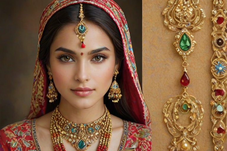 Create a portrait of a beautiful woman with striking hazel eyes and a gentle expression. She is adorned in traditional attire with intricate patterns, including a richly embroidered headscarf and matching garments. Her jewelry includes a delicate headpiece, dangling earrings, and ornate bracelets, all featuring vibrant gemstones and detailed metalwork. The background is soft and warm, enhancing the rich colors of her outfit and jewelry.
