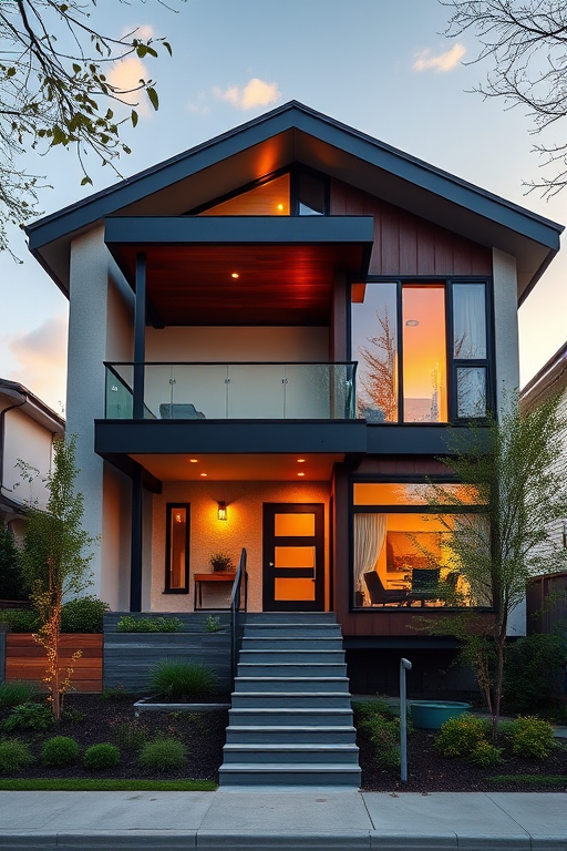 modern architectural house exterior during daytime, wide-angle lens, f/8 aperture, 1/200s shutter speed, ISO 100, high dynamic range imaging, DSLR camera, realistic rendering