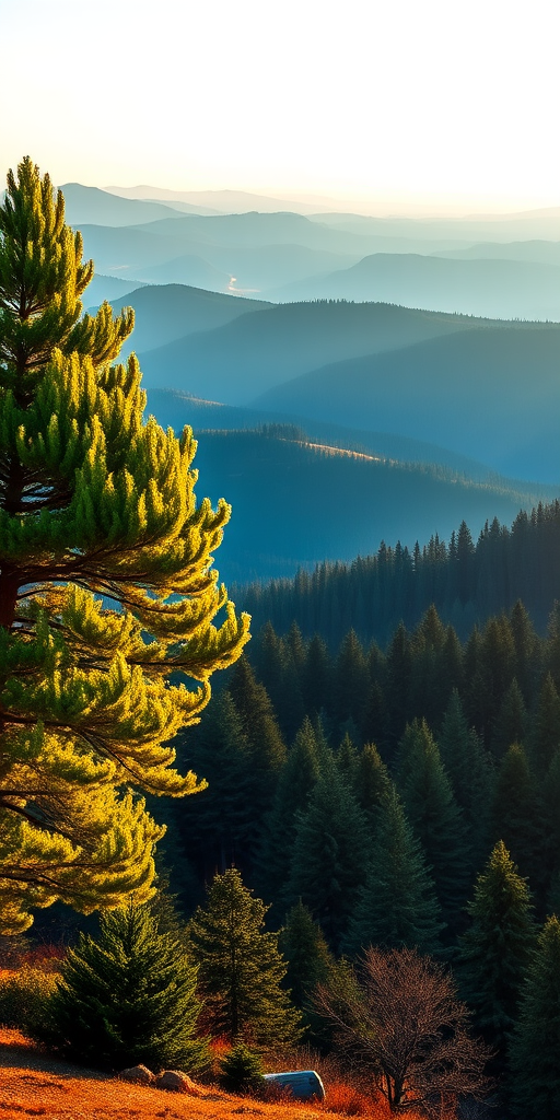create a vibrant landscape scene featuring a large green tree on the left, rolling blue hills in the background, and a dense forest of evergreen trees on the right, captured at sunrise with soft lighting, using a DSLR camera with a 24mm lens, f/8 aperture, ISO 100, style: hyper-realistic, focus on sharpness and color saturation