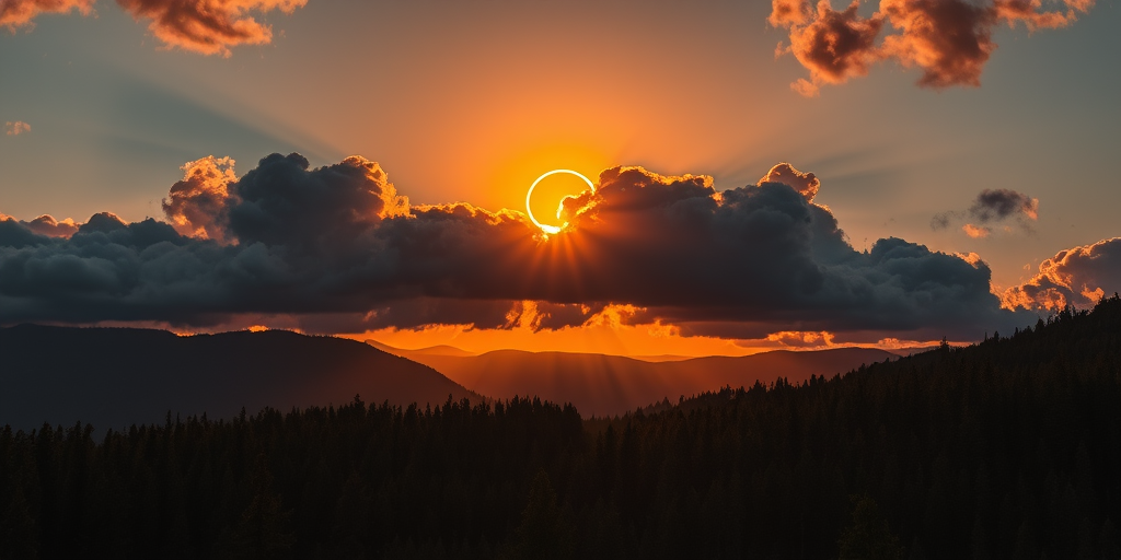 create a dramatic landscape of a solar eclipse above a mountain forest at sunset with dark ominous clouds, focusing on rich textures and sharp details, captured with a Canon EOS R5 at f/8, ISO 100, 24mm lens, golden hour lighting, high dynamic range for enhanced contrast and colors.