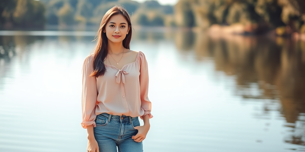 portrait of a young woman standing by a serene lake, wearing a pastel-colored blouse and denim jeans, soft natural lighting, aperture f/2.8, shutter speed 1/200s, ISO 100, shallow depth of field, shot with a DSLR camera from a low angle to capture reflections in the water and a blurred background
