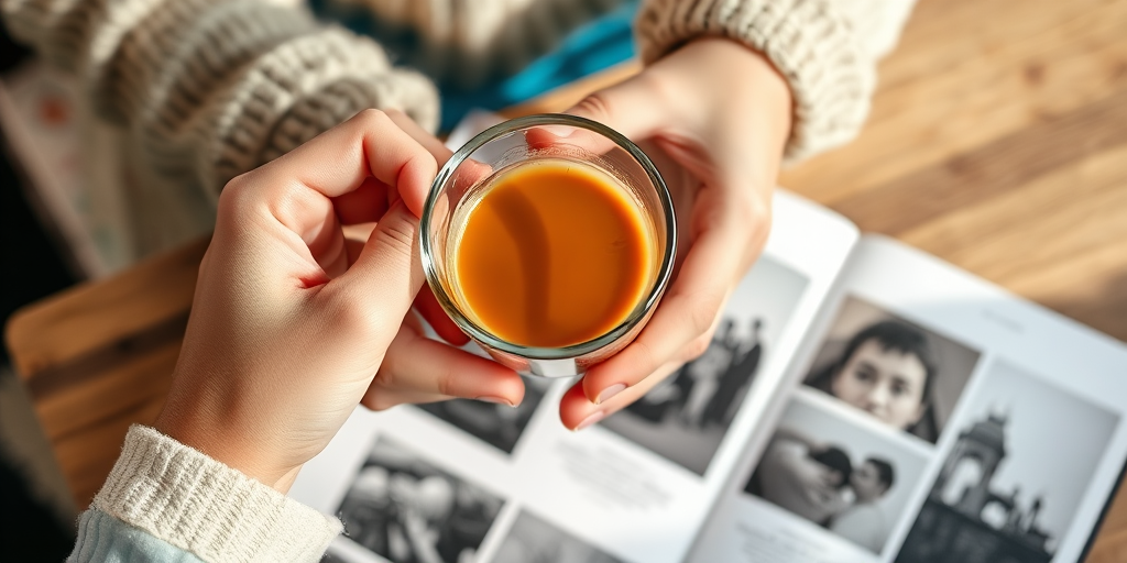 Capture a close-up shot of a pair of hands holding a clear glass cup filled with coffee, positioned above a partially opened photo book with black and white images, use a 50mm lens, aperture f/1.8 for a shallow depth of field, natural light, and a warm color tone to enhance the mood.