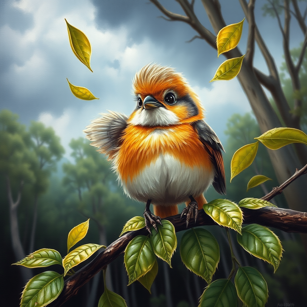airbrushed oil painting,  a cute little bird, sitting on a branch with lush leaves, startled eyes, his feathers ruffled and blown up, leaves in the air, background bending trees in a forest, storm clouds