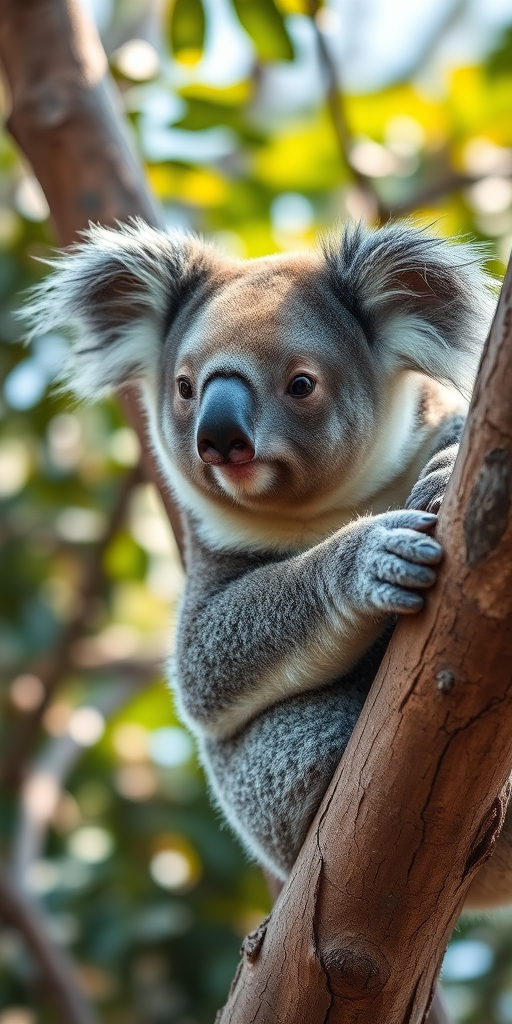 Capture a high-resolution close-up of a koala perched on a tree branch, with a shallow depth of field to blur the background foliage for a softer look, using a DSLR camera with a 50mm lens at f/2.8, ISO 200, and shutter speed of 1/200 sec, in natural light to enhance the texture of the koala's fur and the details of the bark.