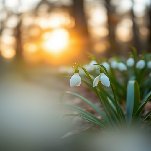 Snowdrop flowers in a sunlit forest with soft focus on the foreground, shot at f/2.8 aperture, ISO 100, 1/250s shutter speed, using a macro lens on a full-frame DSLR camera with a golden hour backlighting effect.