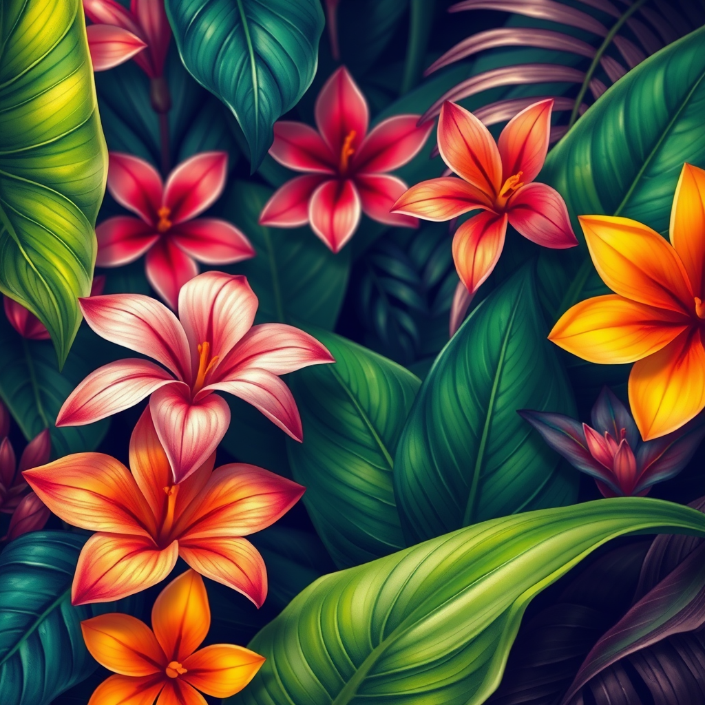 Create a vibrant and detailed illustration of tropical flowers and leaves, with a focus on rich colors and textures, using a macro lens, f/2.8 aperture, 50mm focal length, and a shallow depth of field to enhance the foreground while softly blurring the background.