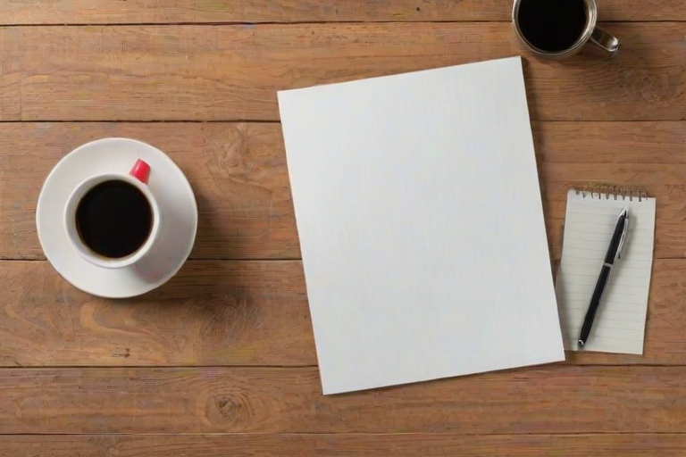 a flat lay image of a blank white sheet of paper on wooden flooring with a notebook, pen, and a cup of coffee on the side
