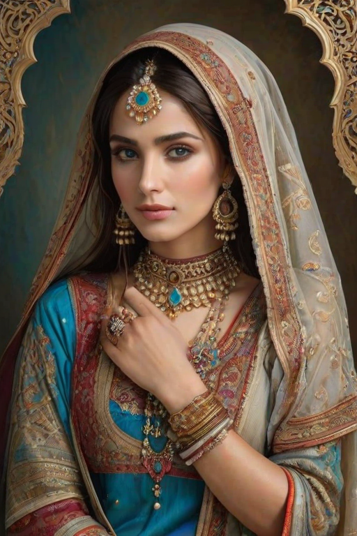 Create a portrait of a beautiful Pakistani woman with striking blue eyes and a gentle expression. She is adorned in traditional attire with intricate patterns, including a richly embroidered headscarf and matching garments. Her jewelry includes a delicate headpiece, dangling earrings, and ornate bracelets, all featuring vibrant gemstones and detailed metalwork. The background is soft and warm, enhancing the rich colors of her outfit and jewelry.