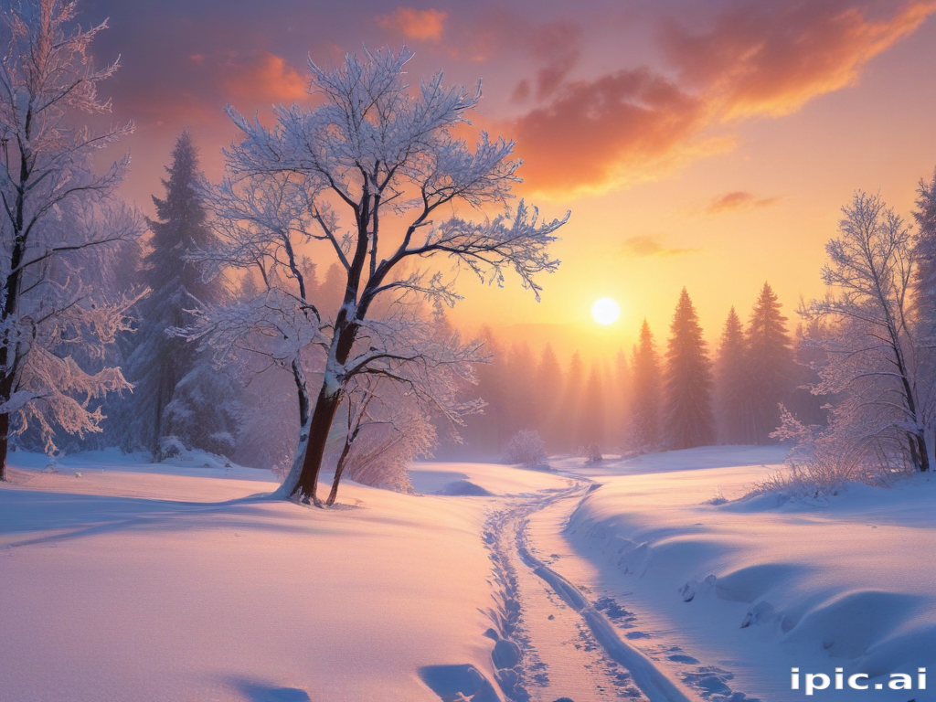 Serene Winter Landscape at Sunrise with Snow-Covered Trees and Pathway