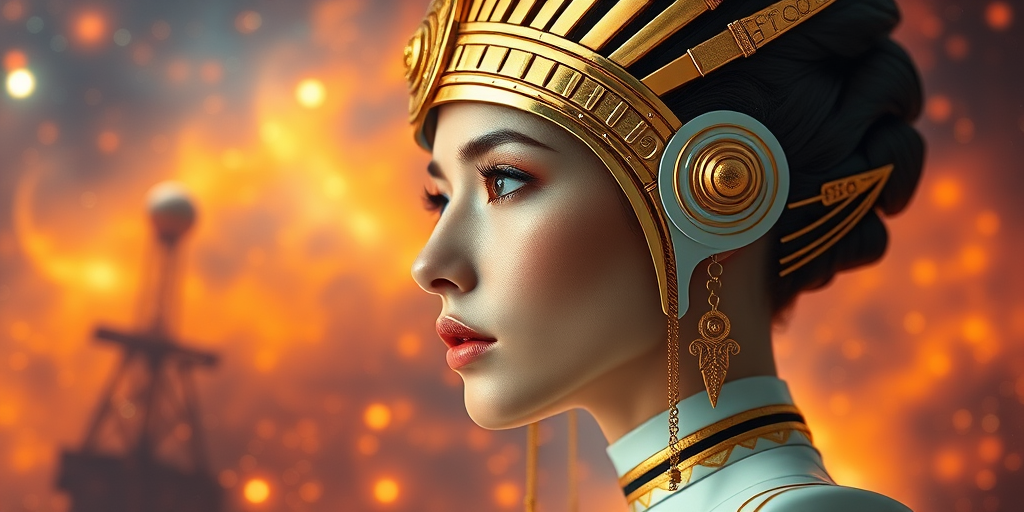 Create a highly detailed digital artwork of a futuristic female figure with a golden headdress set against a vibrant cosmic background, captured in a close-up profile view with soft lighting, using a mirrorless camera at f/1.8, ISO 100, 50mm focal length, and a 3-point lighting setup to enhance depth and color saturation.
