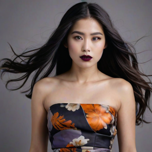 Photographic image of a beautiful young Ainu woman, brown eyes, lips with black lipstick, long hair fluttering in the wind and wearing a silk strapless dress with a soft purple and orange print. monochrome image with only color highlights in the iris of the eyes, lipstick and dress. Gray background.
