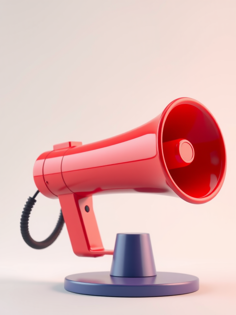 Create a high-resolution 3D illustration of a megaphone with a glossy finish, using a DSLR camera with a 50mm lens, ISO 100, aperture f/2.8, and a shallow depth of field, captured from a slightly elevated angle against a soft gradient background.