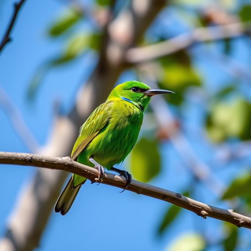 capture a vibrant green bird perched on a tree branch against a clear blue sky, use a DSLR camera with a 200mm lens, aperture f/5.6, ISO 100, shutter speed 1/500s, focus on the bird with a shallow depth of field for a blurred background, bright and vivid colors