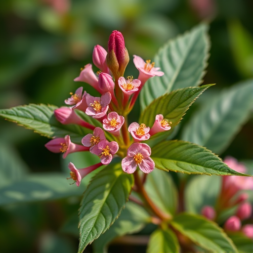high-resolution illustration of a flowering plant with detailed leaves and blossoms, macro lens, f/2.8 aperture, 50mm lens, natural light, shallow depth of field, DSLR camera