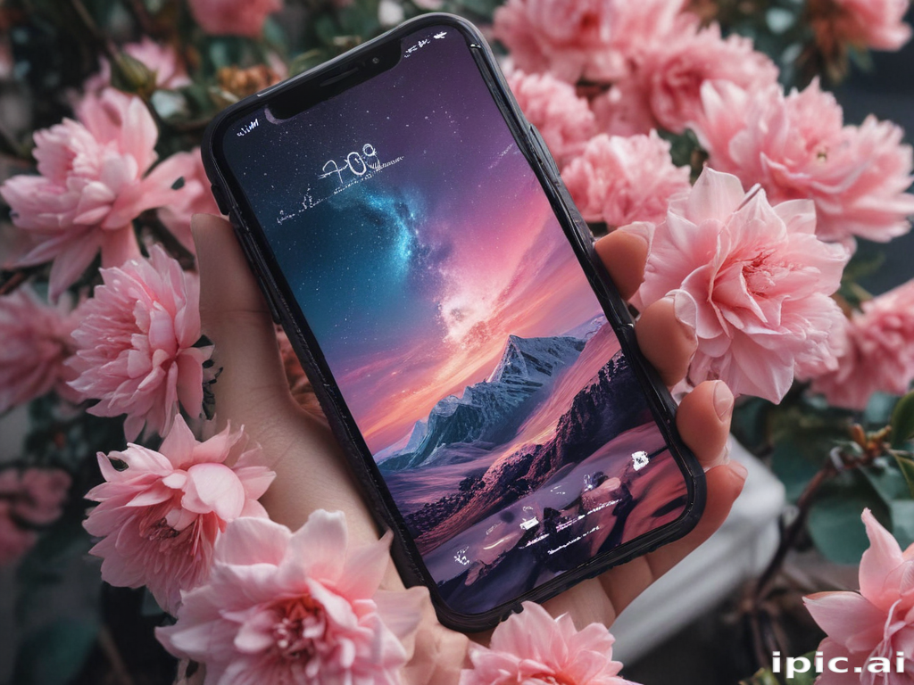 Pretty Android Hand Hand Holding Smartphone Surrounded by Beautiful Pink Flowers and Scenic ...