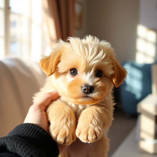 Generate an image of a fluffy light brown puppy being held by a person with a cozy indoor background featuring sunlight and soft textures the puppy has a cute expression with big eyes and a small nose