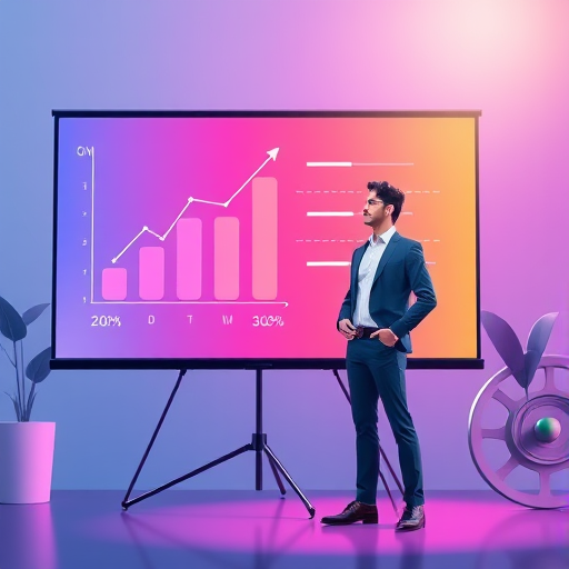 Create a digital illustration of a businessperson standing next to a large presentation screen showing growth graphs and gears, use vibrant colors with a clean layout, shot with a 50mm lens at f/1.8, focus on the subject with a shallow depth of field, in a well-lit studio environment.
