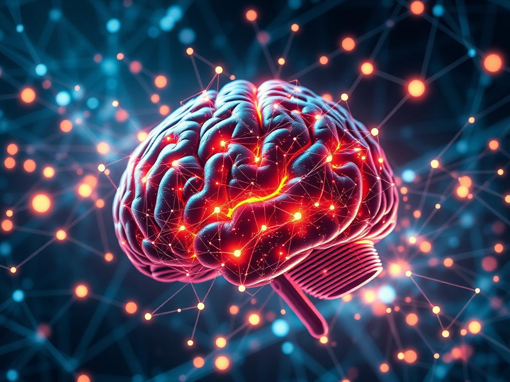 generate an abstract digital art piece of a brain surrounded by intricate geometric patterns and glowing connections in a futuristic style, captured with a 50mm lens, f/1.8 aperture, ISO 100, with a wide-angle perspective using a DSLR camera to enhance image quality.
