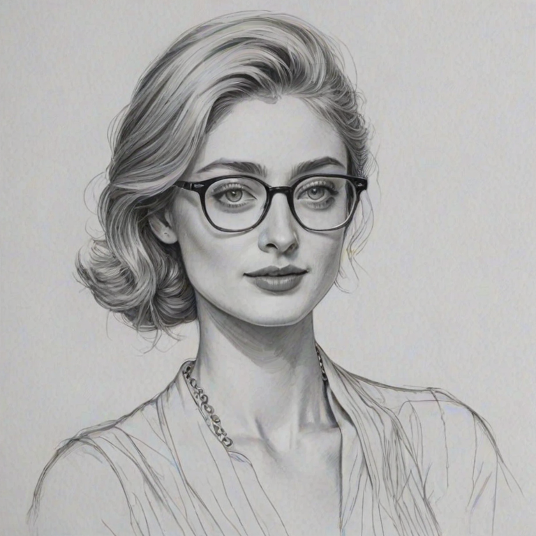 Splendid Elizabeth Debicki, pencil sketch, portrait of Exquisite woman 1971s in glasses, hair style beatnik, outline, clear lines, fine lines, 8k