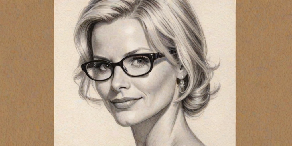 Appealing Monica Potter, pencil sketch, portrait of Delightful woman 1948s in glasses, hair style beatnik, outline, clear lines, fine lines, 8k