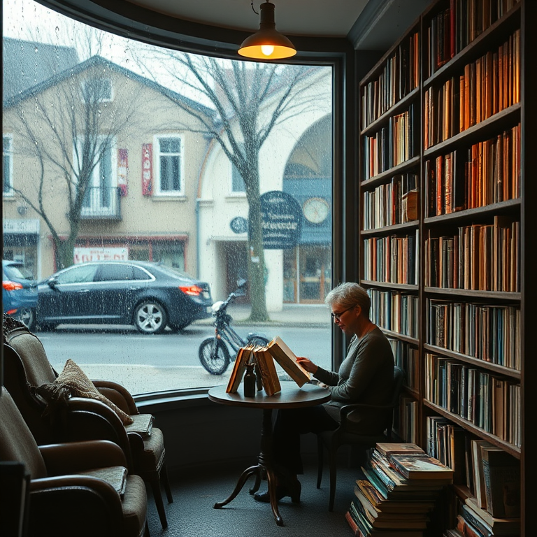 Quiet bookshop on a rainy afternoon, with tall shelves packed with old books, a woman sits at a small table by the window, reading intently as the rain taps against the glass.