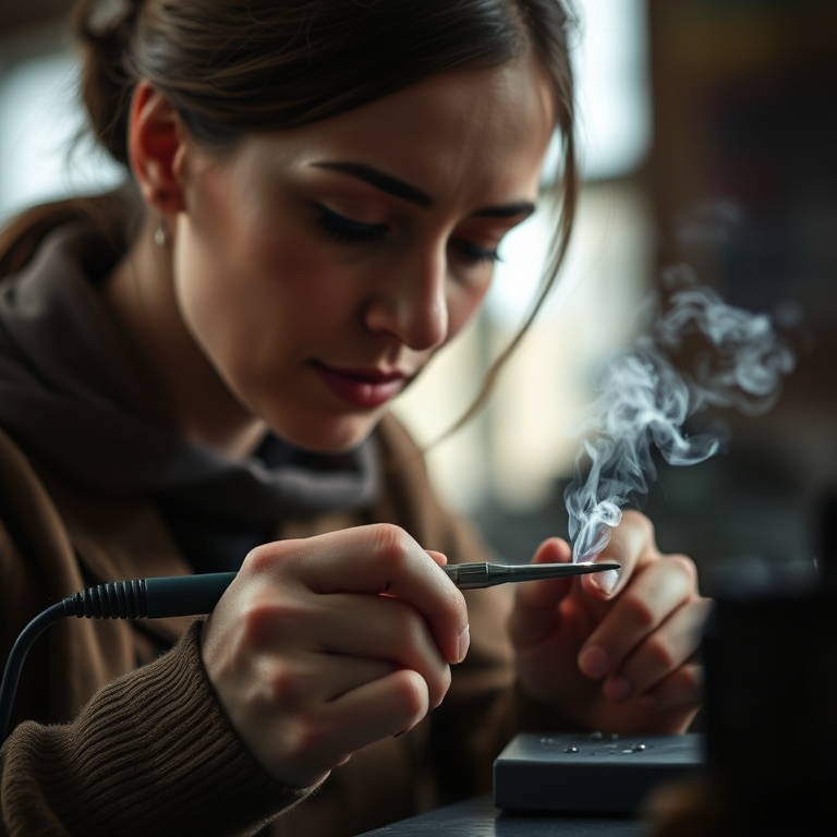 portrait of a woman soldering with smoke rising from the soldering iron, shallow depth of field, focus on hands and tool, 50mm lens, aperture f/1.8, ISO 200, natural and artificial lighting, captured with a DSLR camera