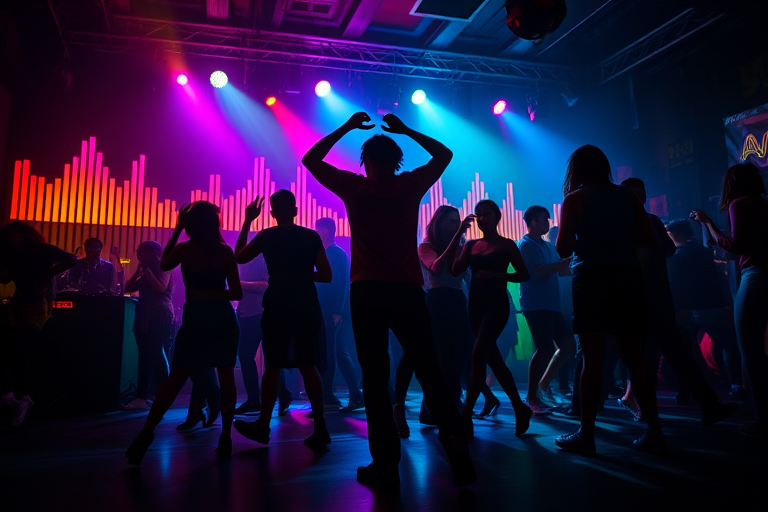 Create a vibrant nightclub scene with dynamic silhouettes of people dancing, colorful sound wave graphics in the background, shot with a Canon EOS R5, 24mm lens, f/2.8 aperture, ISO 800, using a low-angle perspective to emphasize movement and energy, with a long exposure effect to blur the background lights and create a sense of motion.