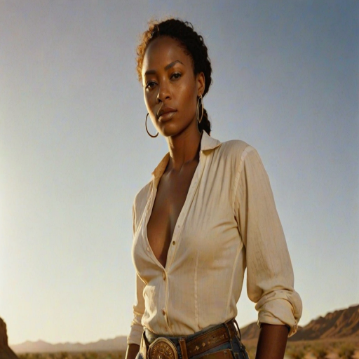 Dramatic photo of a beautiful Nubian woman, classic cowboy attire, confident and free spirit expression, half-length portrait, centered, golden hour desert landscape, warm, diffused light, low angle, medium format film camera, in style of Annie Leibovitz.