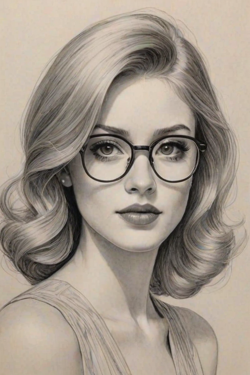 Wonderful Katherine McNamara, pencil sketch, portrait of Graceful woman 1933s in glasses, hair style beatnik, outline, clear lines, fine lines, 8k