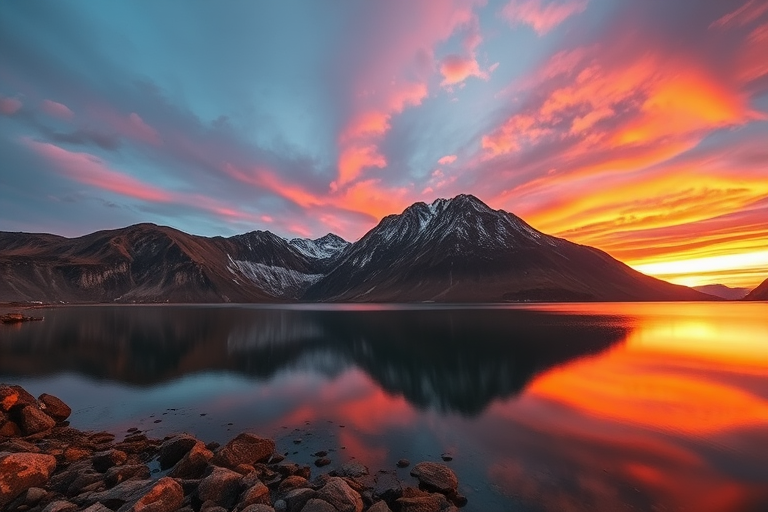 Create a high-resolution image of a serene mountain landscape at sunrise, with vibrant colors in the sky reflecting on a calm lake, using a Canon EOS R5, 24mm lens, f/8 aperture, ISO 100, and a shutter speed of 1/125s, capturing a wide-angle view.