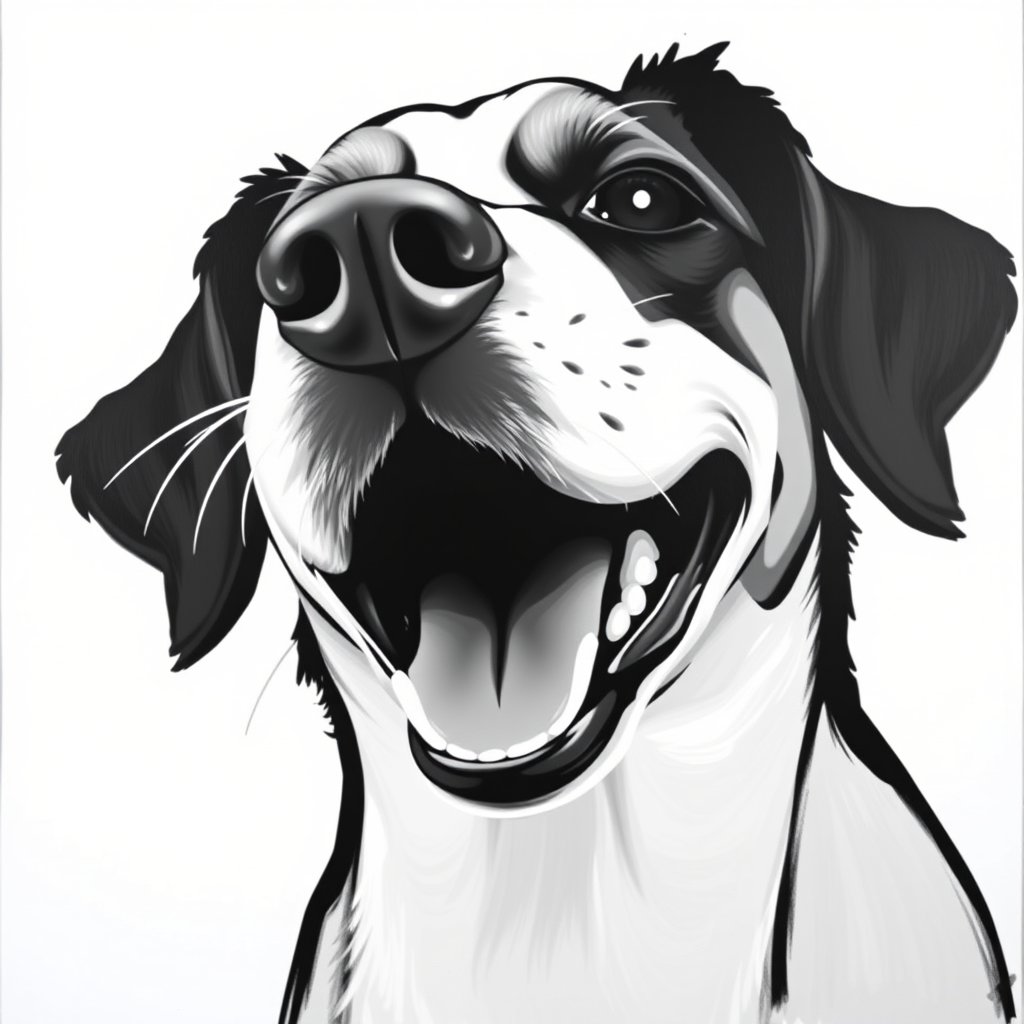 Abstract black and white acrylic portrait of an over exaggerated laughing (dog). Minimalism style. White background.