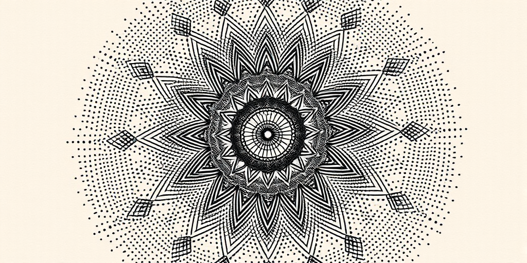 Dotwork mandala tattoo with intricate geometric patterns radiating from a central point, utilizing thousands of tiny dots to create gradients and intricate details for a mesmerizing optical illusion effect