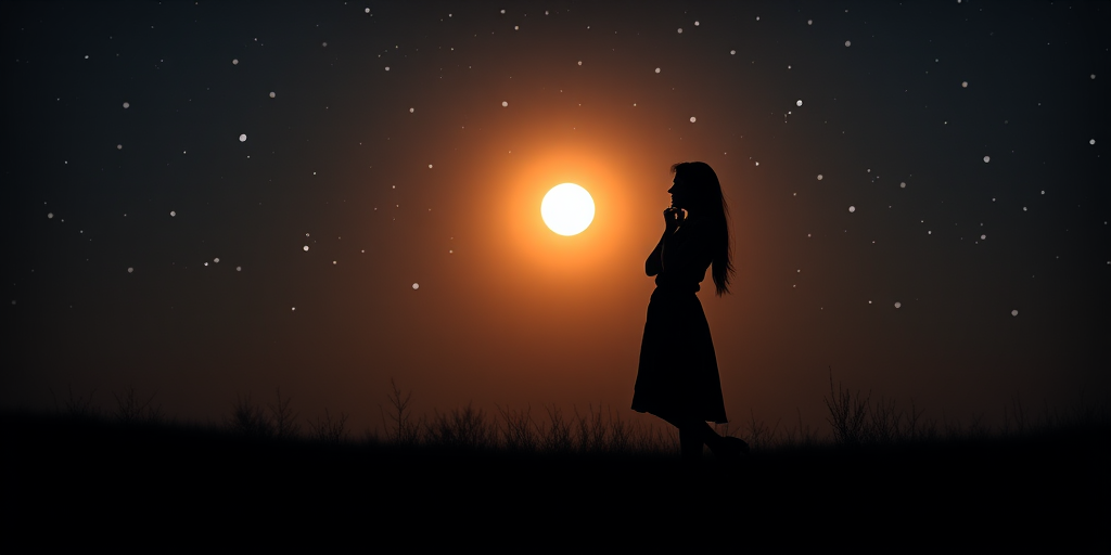 Create a romantic silhouette image of a man proposing to a woman under a starry night sky with a glowing moon in the background, using a DSLR camera with a 50mm lens, aperture f/2.8, ISO 100, and a wide-angle view to enhance the depth and details of the scene.