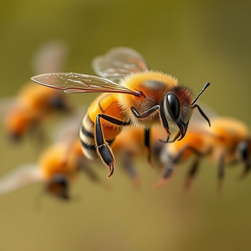 Create a high-resolution image of multiple bees in flight, captured in macro view with a shallow depth of field, using a DSLR camera with a 100mm macro lens at f/2.8, 1/200s shutter speed, ISO 200 for optimal clarity and detail.