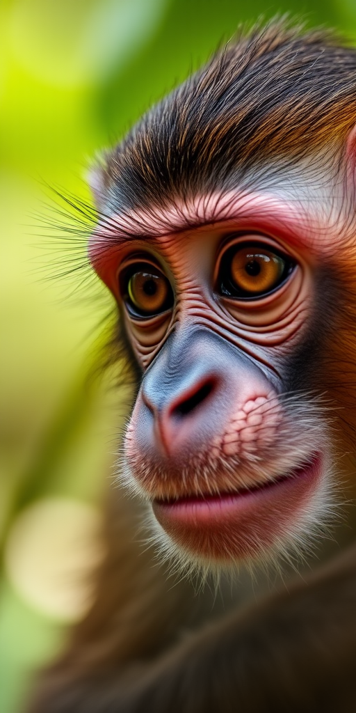 Capture a close-up portrait of a monkey with sharp focus on its facial features, using a DSLR camera, 85mm lens, aperture f/1.8, shutter speed 1/200s, ISO 100, natural light, and a shallow depth of field to create a blurred background.