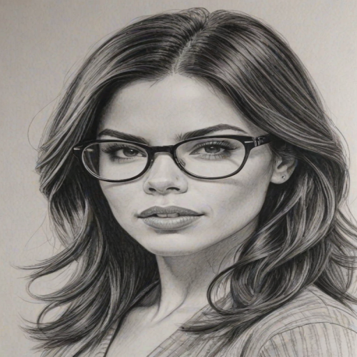 Magnificent Jenna Dewan, pencil sketch, portrait of Gorgeous woman 1961s in glasses, hair style beatnik, outline, clear lines, fine lines, 8k