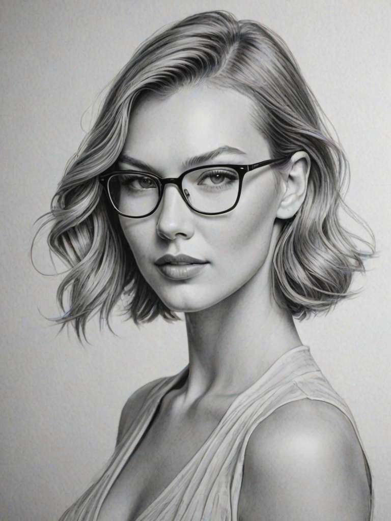 Elegant Karlie Kloss, pencil sketch, portrait of Captivating woman 1952s in glasses, hair style beatnik, outline, clear lines, fine lines, 8k