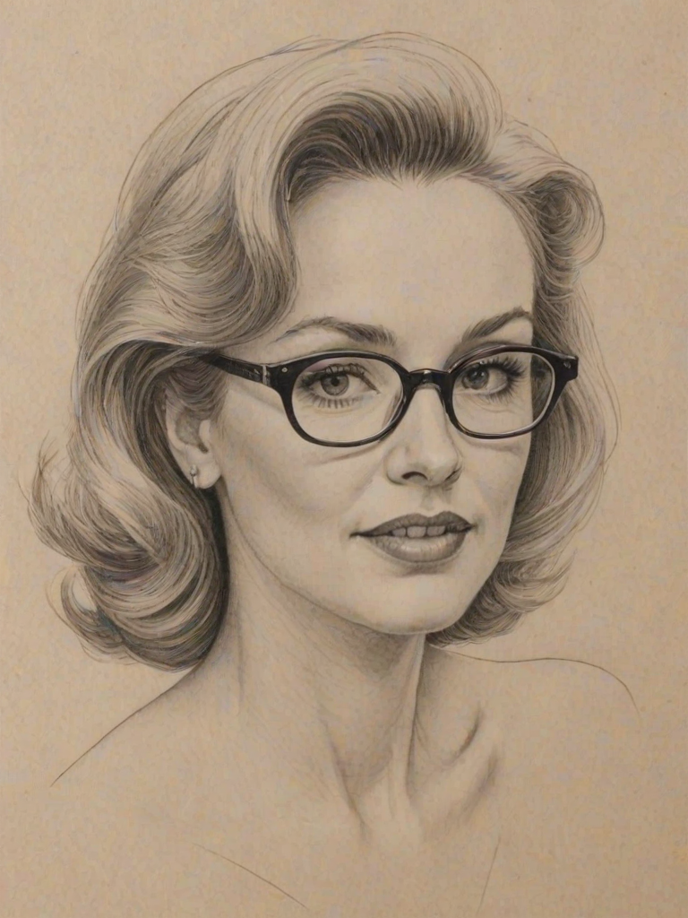 Lovely Julia Duffy, pencil sketch, portrait of Enticing woman 1944s in glasses, hair style beatnik, outline, clear lines, fine lines, 8k