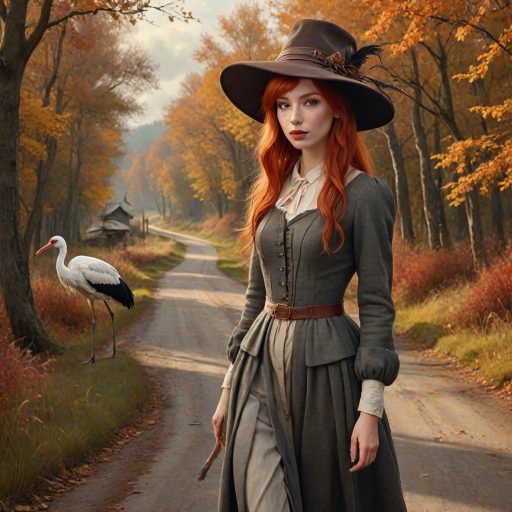 digital art fantasy depicting a strange girl with red hair, long eyelashes, brown lipstick and a tall hat walking along a winding road on an autumn afternoon, an Stork smiles as she passes