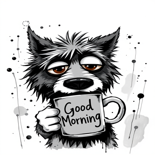 A quirky, artistic illustration of a disheveled collie dog breed with exaggerated, large eyes and spiky fur, holding a coffee mug that reads "Good Morning". The dog has a tired but humorous expression, with ink splatters and abstract details surrounding it, giving a whimsical feel to the image. The color palette is mostly monochrome with hints of brown in the eyes and steam rising from the mug, enhancing the overall sleepy vibe