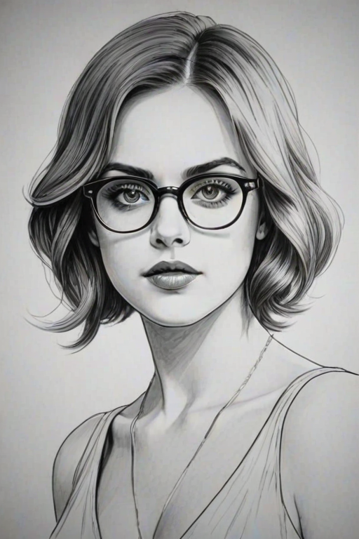 Comely Elizabeth Gillies, pencil sketch, portrait of Wonderful woman 1921s in glasses, hair style beatnik, outline, clear lines, fine lines, 8k