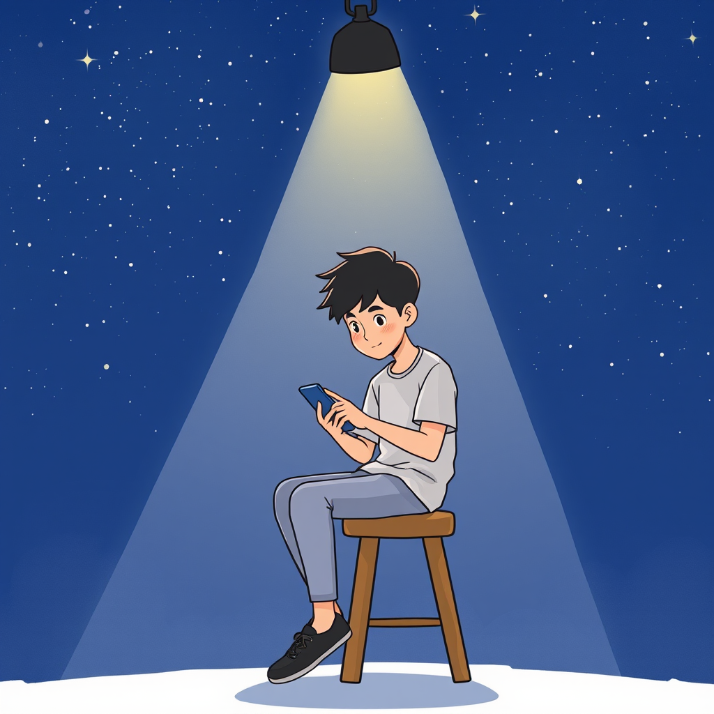 Generate an illustration of a person sitting on a stool under a spotlight in a starry night sky, with a focused expression while using a phone, captured with a Canon EOS R5, 35mm lens, aperture f/1.8, ISO 200, and a soft focus background.