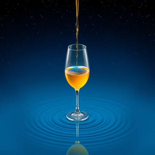 create a minimalist digital artwork of a wine glass pouring yellow liquid into a tranquil blue water surface with concentric ripples, set against a starry night sky, use a Canon EOS R5 camera with a 50mm f/1.8 lens, aperture set to f/2.8, ISO 100, 1/125sec exposure, shoot from a top-down perspective with a vibrant color palette and soft focus on the background to enhance depth