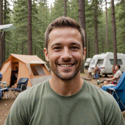 professional photograph, some guy, 35 year old man, crew cut, at a campsite, smiling at viewer, friendly<lora:Some_Generic_Rando_Dude_SDXL:1>