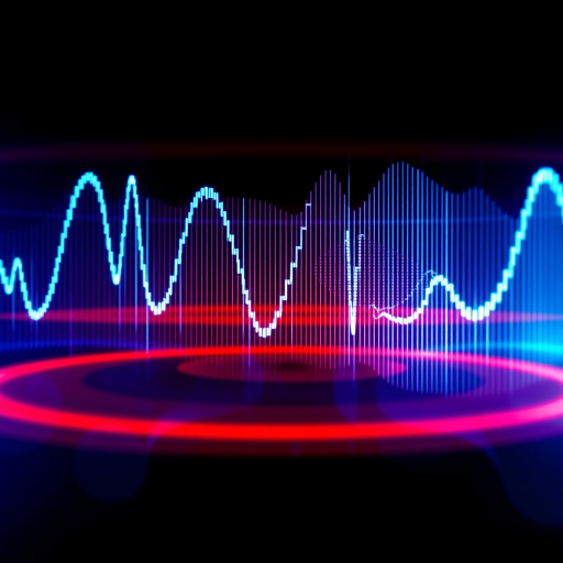 Create an abstract digital soundwave visualization with vibrant blue hues and white highlights, using a Canon EOS 5D Mark IV camera, 50mm lens, f/2.8 aperture, ISO 100, shutter speed of 1/200s, shot from a straight-on view, and apply a high-definition editing style for enhanced clarity and depth.