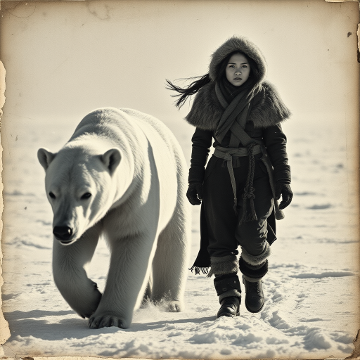 A very old photograph in black and white. The photo is badly damaged, faded, with scratches, tears, smudges and dirt. The photo is ultra-realistic and very detailed. It's a picture of an Arctic warrior. She is walking serenely towards the camera. At her side walks a majestic polar bear. Its fur shines in the sunlight. Snow, ice, sea. wind. snow in the air.