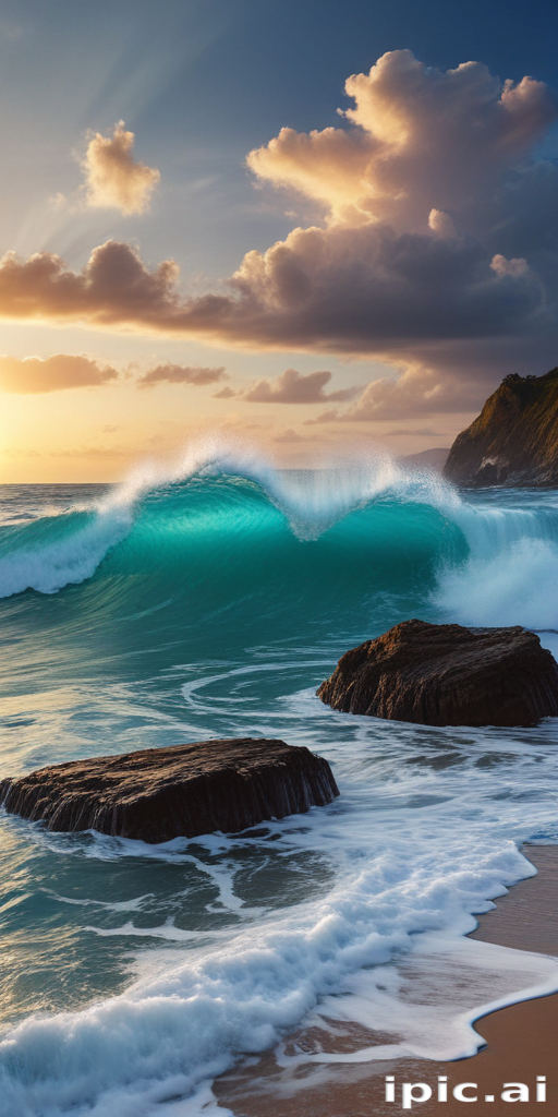 Majestic Ocean Waves Crashing Against Rocky Shore During Golden Sunset
